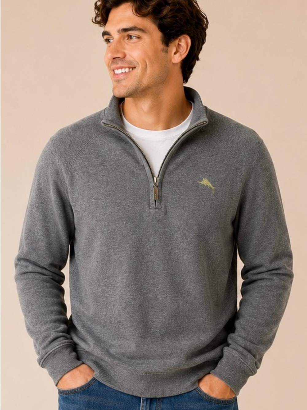 Tommy Bahama 1/4 Zip Pullover Sweater Mens Medium Gray Cotton Casual Lightweight